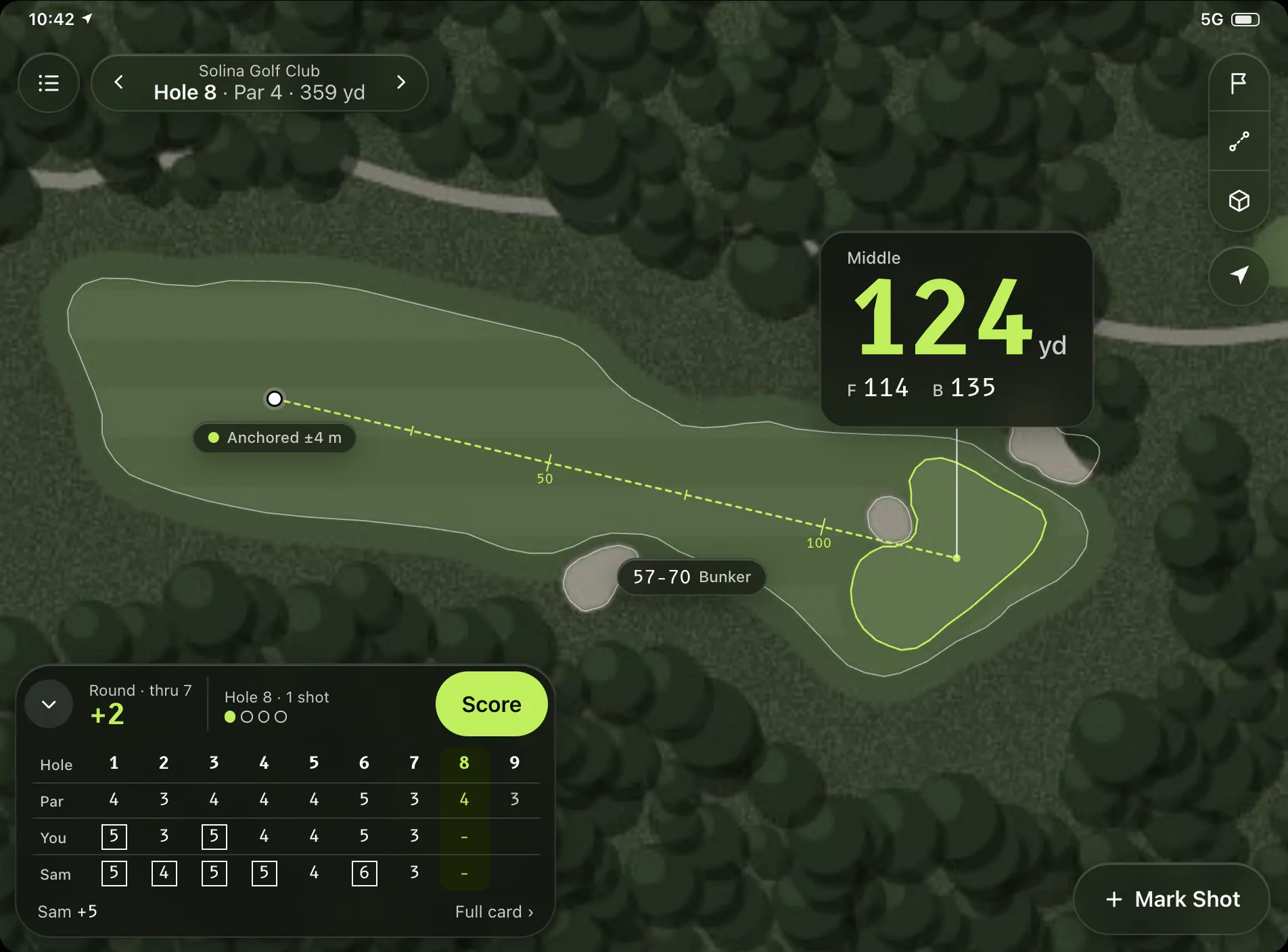 Unfolded iPhone Duo in landscape: the hole runs left to right with the distance callout over the green.