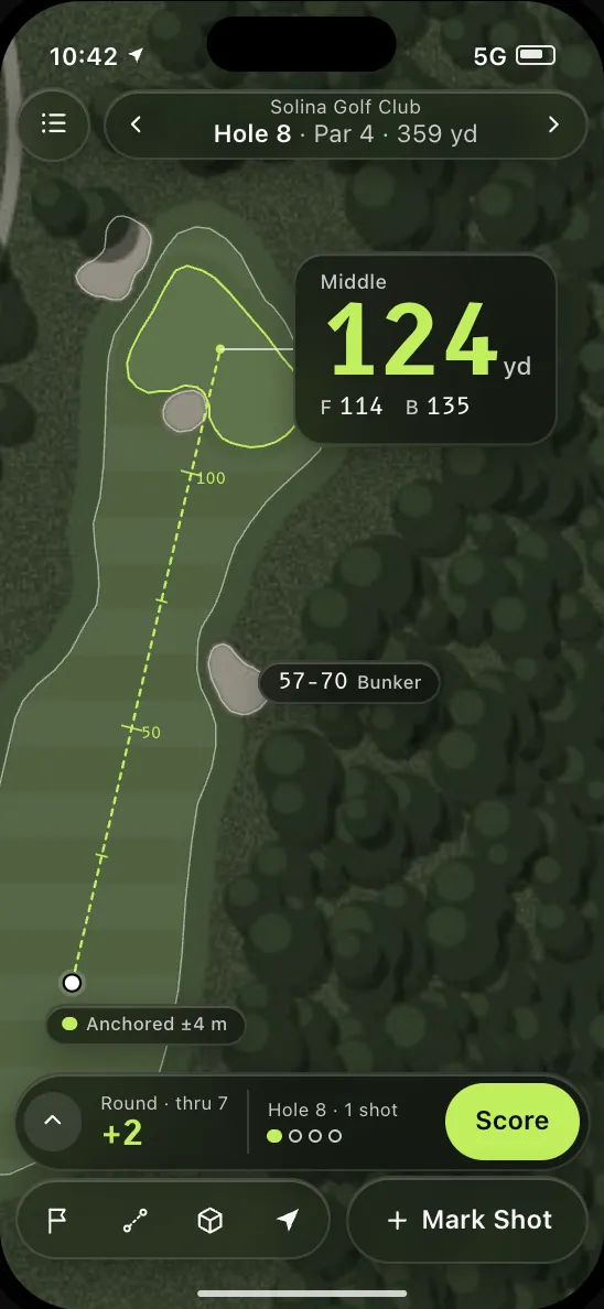 iPhone: hole 8 on a map with 124 yards to the middle of the green.